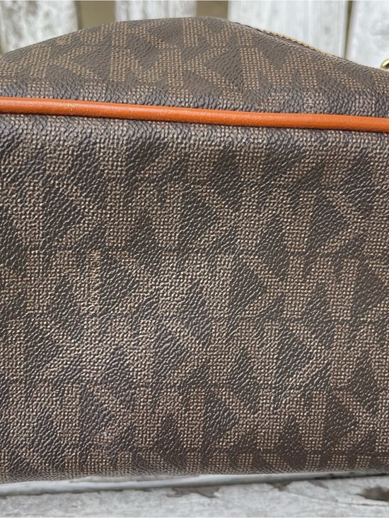 Michael Kors Rhea Medium Backpack Brown Acorn MK Logo Print Gold Zippers